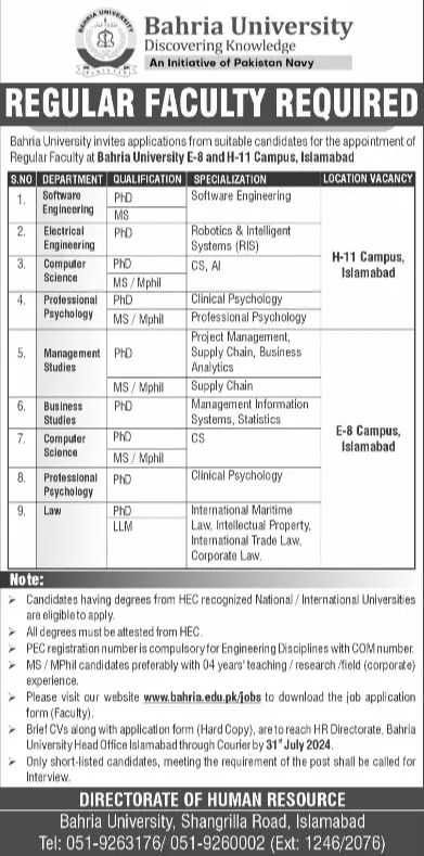 Bahria University Islamabad Jobs Advertisement